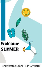 Vector illustration for summer sale. Top view on the summer decoration, hat, tropical sheet, starfish, flip flops. The concept of seasonal vacations in a tropical country.
