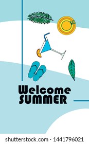 Vector illustration for summer sale. Top view on the summer decoration, hat, tropical sheet, starfish, flip flops. The concept of seasonal vacations in a tropical country.