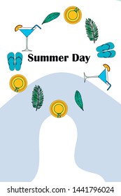 Vector illustration for summer sale. Top view on the summer decoration, hat, tropical sheet, starfish, flip flops. The concept of seasonal vacations in a tropical country.