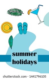 Vector illustration for summer sale. Top view on the summer decoration, hat, tropical sheet, starfish, flip flops. The concept of seasonal vacations in a tropical country.