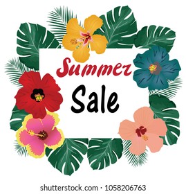 vector illustration of summer sale with tropical flowers background