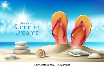 Ilustración vectorial de una playa de arena estival con conchas marinas, piedras y zapatillas de playa contra el cielo turquesa y el mar. Un cartel publicitario excelente para una agencia de viajes
