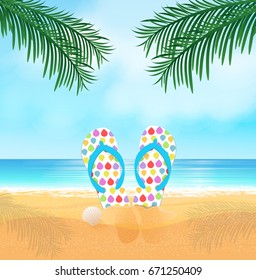 Vector illustration with summer sandy beach and beach slippers.