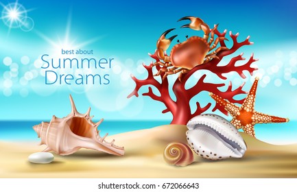 Vector illustration of a summer sandy beach with seashells, pebbles, starfish, crab and coral against the turquoise sky and the sea. An excellent advertising poster for a travel agency