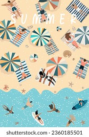 Vector illustration of the summer season. People doing summer sports and leisure activities at the beach, sea or ocean.