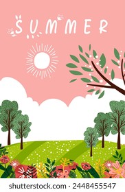 Vector illustration of the summer season. Poster with people and seasonal outdoor activity.