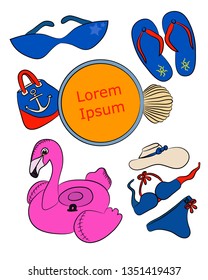 Vector Illustration of Summer Season or Vacations. Banner with Space for Text and around Sunglasses, Women's Hat, Flip Flops, Handbag, Swimsuit, Seashell and Inflatable Flamingo. Poster of Beach Time