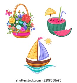 Vector illustration summer set with basket with flowers, watermelon, ship