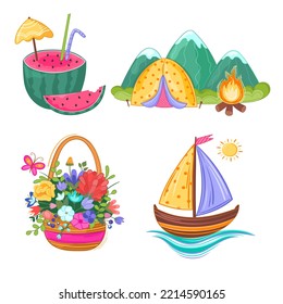 Vector illustration summer set with basket with flowers, watermelon, mountains, tent, campfire, ship, sail