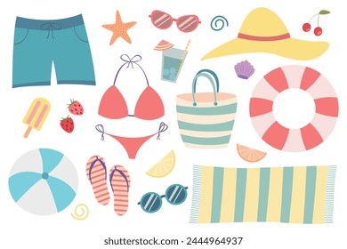 Ilustración vectorial de un conjunto de verano de Elementos de playa en estilo plano en colores pastel sobre un fondo blanco