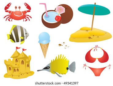 Vector illustration of summer set:  crab, fishes, ice cream, sandy castle, coconut cocktail, sand with umbrella