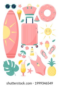 Vector illustration of Summer set: icecream, swimsuit, hat, bag, spf, starfish, shell, pineapple, cherry, orange, cocktail, sunglasses, watermelon. Summer time. Vacation. Beach items.