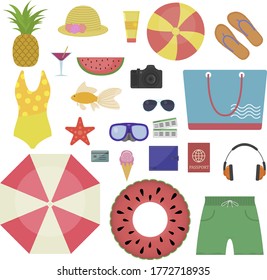 Vector illustration of a summer set of items and food.