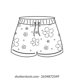 Vector illustration of summer shorts with a floral pattern. Isolated outline drawing for coloring books, fashion design or children’s educational materials.