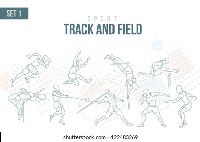 vector illustration Summer sport in 2021 in Tokyo, Japan Games, sports games track and field sport hand-drawn doodles sport. running, long jump hurdles, pole vault, javelin disc nucleus. set 1