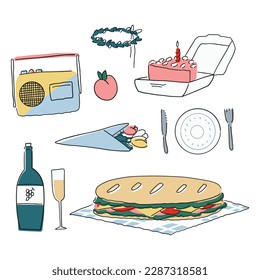 Vector illustration summer, spring barbecue, and picnic icons set. Bento cake, sandwich, champagne, a bouquet of flowers. Party items, decorations. Romantic dinner, lunch for lovers outdoor.