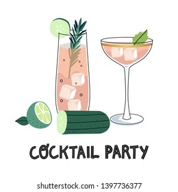 Vector illustration of a summer or spring fizzy refreshing coctails with ice cubes, rosemary, lime and a cucumber on a white background. An Invitation template or a card to a cocktail party.