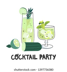 Vector illustration of a summer or spring fizzy refreshing coctails with ice cubes, rosemary, lime and a cucumber on a white background. An Invitation template or a card to a cocktail party.