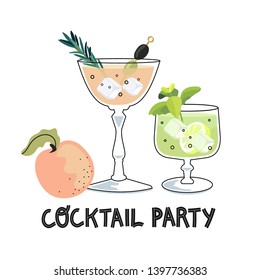 Vector illustration of a summer or spring fizzy refreshing coctails with ice cubes, rosemary, peach and mint on a white background. An Invitation template or a card to a cocktail party.