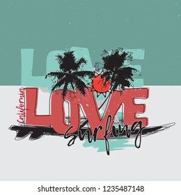 Vector Illustration Summer Sun Beach Surfing Ocean California Love Fashion Design Tropical Palm Tree Tshirt Graphic with Typography