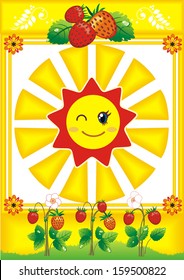 Verão ilustração vetorial com sol e bagas. Elemento vetor abstrato para design, quadro amarelo com sol e bagas