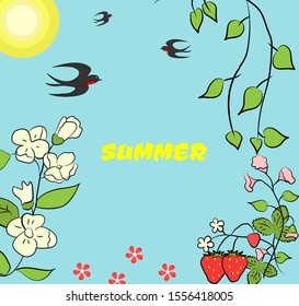 Vector illustration of summer with  sun, birds, starwberries, flowers, green leaves. Picture for banner, icon, poster dersign