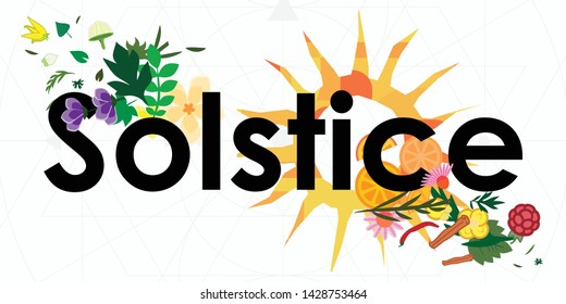 vector illustration for summer sun solstice with bright planet and floral herbal decoration