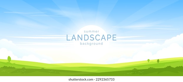 Vector illustration. Summer sunny landscape. Green fields, meadows, hills are covered with grass and flowers. Bright blue sky and clouds. Design for banner, invitation, card, website in flat style.