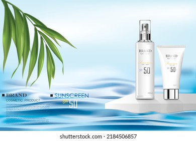 ilustración vectorial pantalla solar de verano y plantilla de diseño,ilustración 3d, botella de spray cosmético blanco y tubo cosmético blanco en el podio peatonal, fondo de agua, hojas de palma y cielo azul detrás de ella.