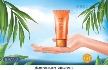 vector illustration summer sunscreen ad design template. orange color sunscreen tube on the hand.use for cosmetic advertising.