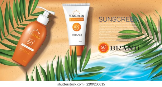 vector illustration summer sunscreen ad design template on the beach background,use for cosmetic advertising template.