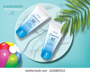 vector illustration summer sunscreen ad design template top view.use for sunscreen  cosmetic advertising banner.3D illustration design template.