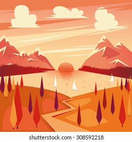 Vector illustration of summer sunset in flat style with mountains, lake, sailing ships, trees. Background with evening sunset