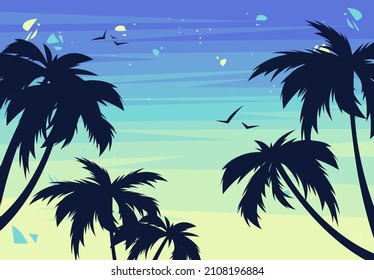 Vector illustration of a summer sunset on the beach with silhouettes of palm trees