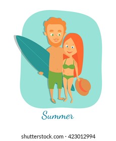 Vector illustration. Summer. Surfing. Couple in swimwear. A man with a surfboard and a woman with a hat in her hand. Cartoon characters.