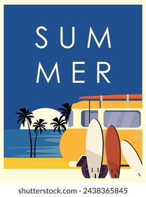 Ilustración vectorial. Verano, surf, océano, California. Cartel, postal, bandera vertical, cubierta.