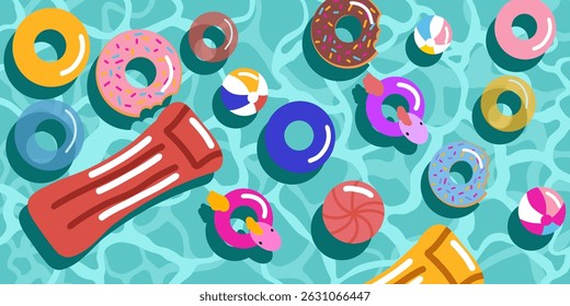 Vector illustration of a summer swimming pool with various inflatable circles and balls

