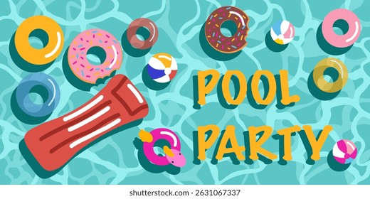 Vector illustration of a summer swimming pool with various inflatable circles and balls and the inscription pool party
