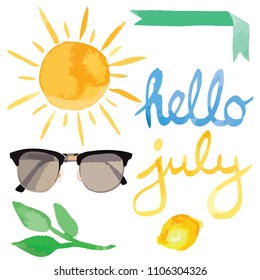 Vector illustration of summer symbols like yellow sun, sunglasses, lemon and handwritten calligraphic July lettering