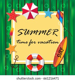Vector illustration. Summer template with starfish, lifebuoy, anchor, umbrella, surfboard and ice cream