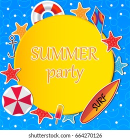 Vector illustration. Summer template with a surfboard, kite, umbrella, lifebuoy, starfish, anchor and a place for text