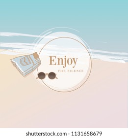 Vector illustration of a summer template in top view perspective of a white sandy beach and blue ocean with sunglasses and shorts laying on the sand accompanied with round space for text