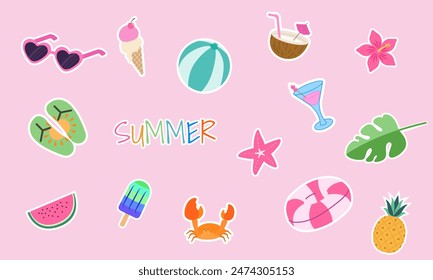 Vector illustration with "Summer" text surrounded by tropical items like flip-flops, coconut drink, heart sunglasses, flower, crab, ice cream, watermelon, beach ball, starfish, cocktail, and pineapple