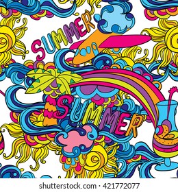 Vector illustration of a summer theme. Doodles.. Design elements. Seamless pattern,