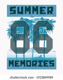 vector illustration of summer theme with palm trees . tee shirt graphics. Typography
