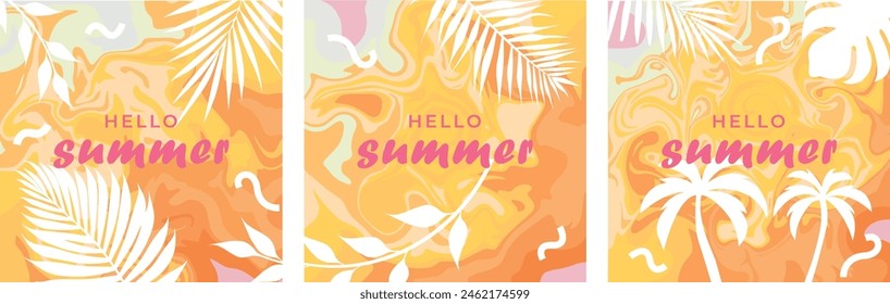 Vector illustration summer time banner poster set of vector backgrounds vacation time tropical leaves sea vacation design elements