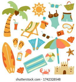 Vector illustration of summer time beach icons concept.