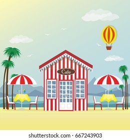 Vector illustration of summer time cafe building facade. Color cafe front with palms and seaside.