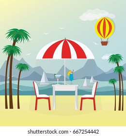 Vector illustration of summer time cafe. Color cafe with palms and seaside.