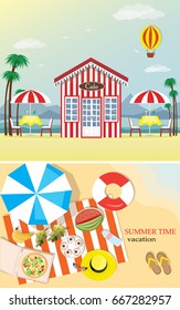 Vector illustration of summer time cafe and picnic on the seaside. Color cafe with palms and seaside.